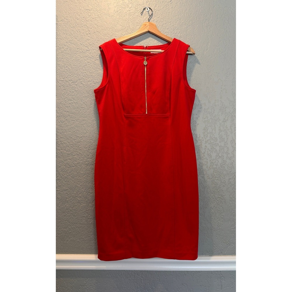 Calvin Klein Womens Red Sleeveless Gold Half Zip Sheath Dress Size 14